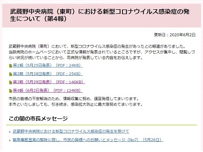 武蔵野中央病院の新型コロナウイルス感染症の発表内容（第4報）を掲載した小金井市のホームページ